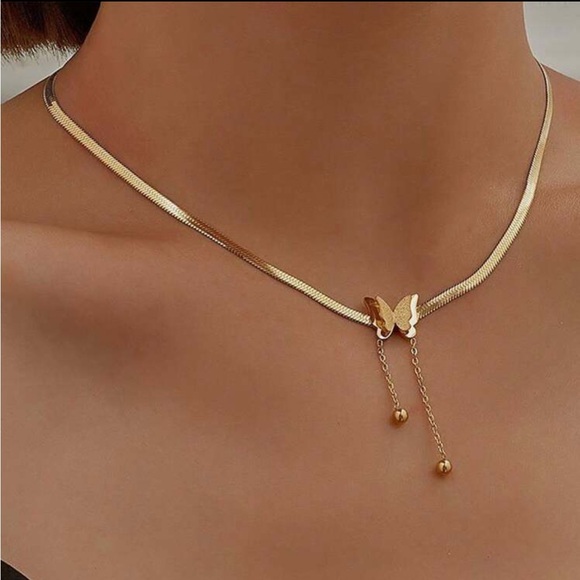 18k Gold Plated Flat Herringbone Butterfly Necklace - Picture 1 of 8